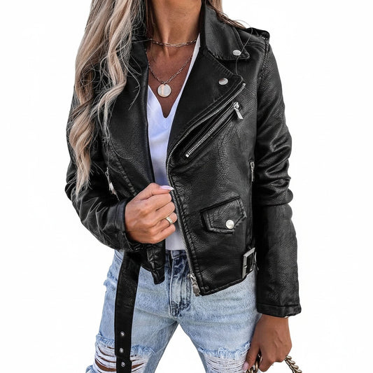 Dames Faux Leather Biker Jacket met Diagonale Rits en Ceintuur