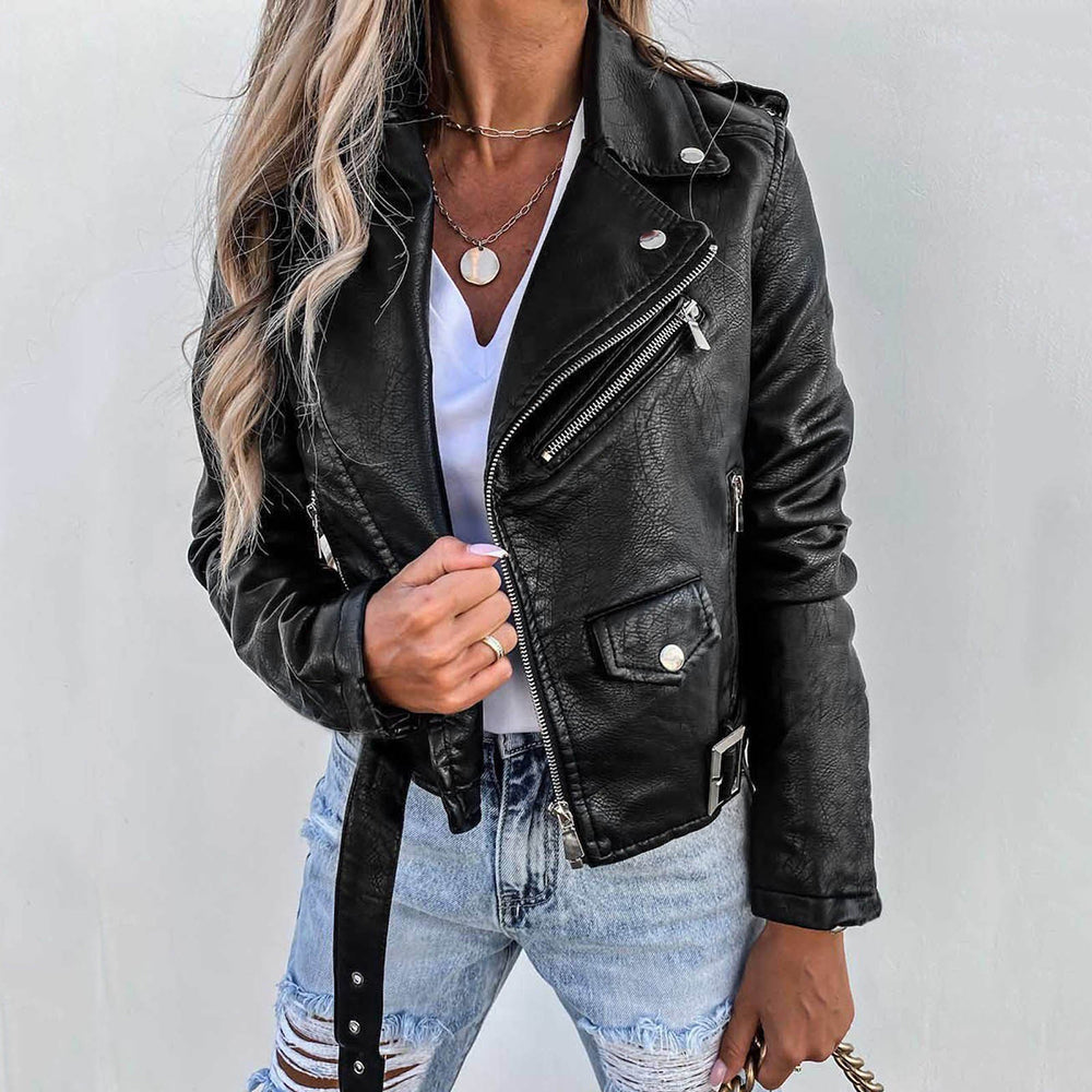 Dames Faux Leather Biker Jacket met Diagonale Rits en Ceintuur
