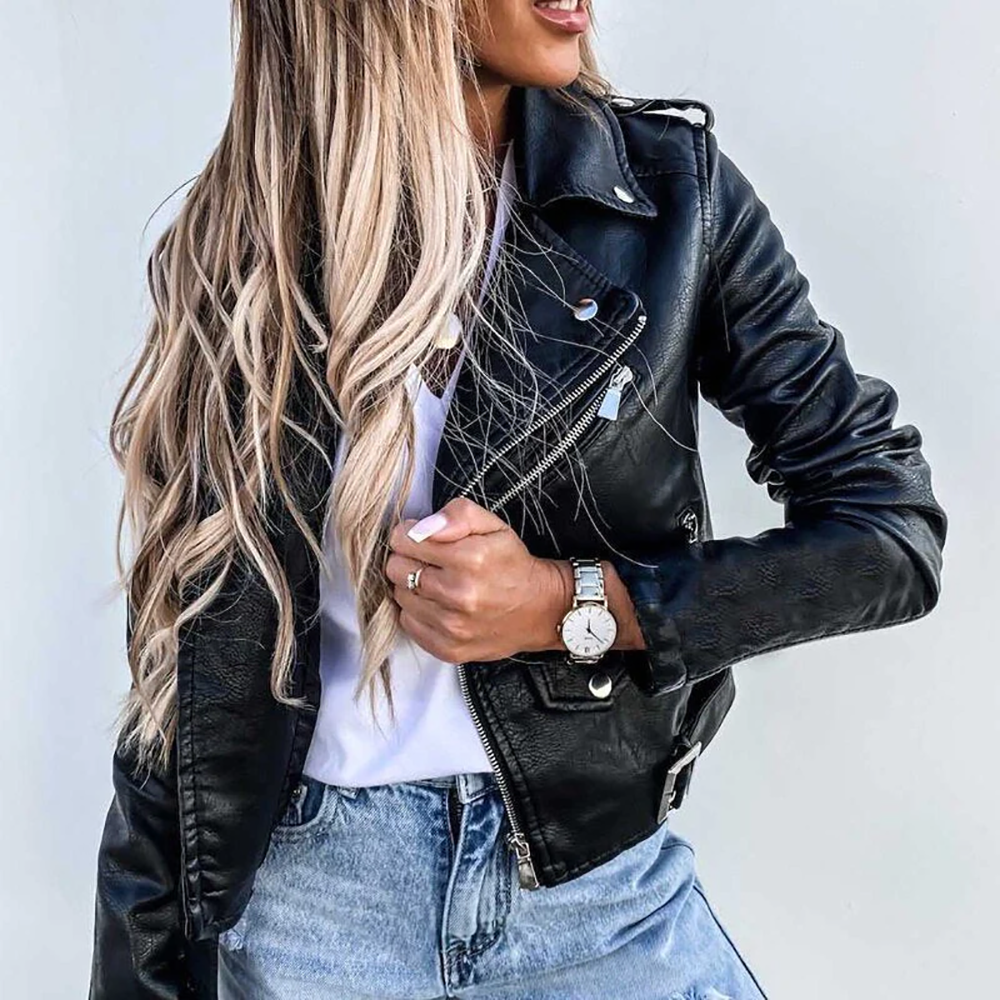 Dames Faux Leather Biker Jacket met Diagonale Rits en Ceintuur ##POS:3##