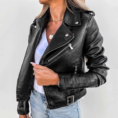 Dames Faux Leather Biker Jacket met Diagonale Rits en Ceintuur
