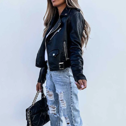 Dames Faux Leather Biker Jacket met Diagonale Rits en Ceintuur