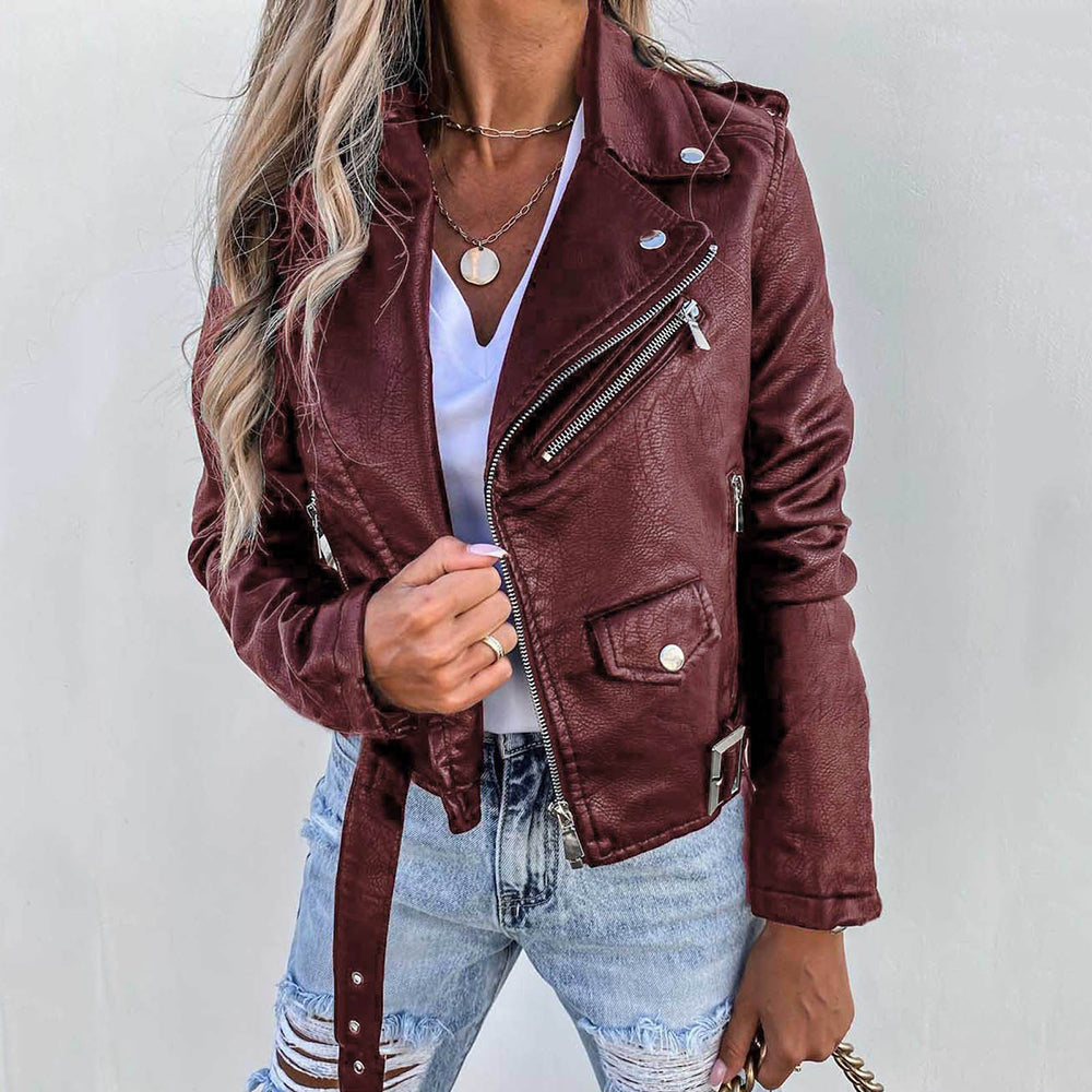 Dames Faux Leather Biker Jacket met Diagonale Rits en Ceintuur