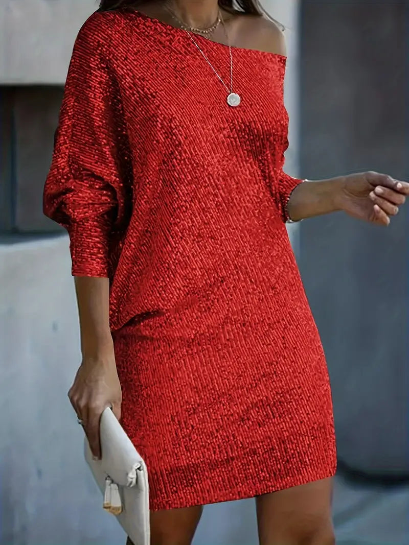 Dames Feestjurk met Pailletten en Off-Shoulder Hals Rood