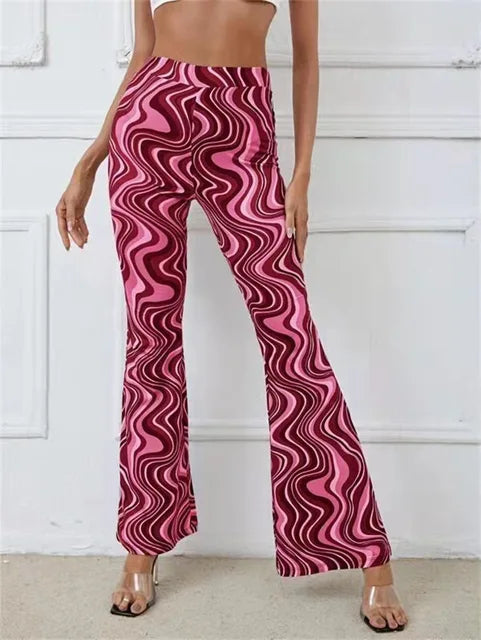 Dames Flared Broek met Hoge Taille en Golvend Print Rood