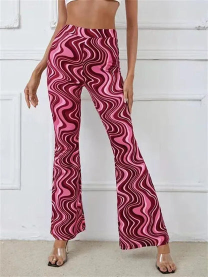 Dames Flared Broek met Hoge Taille en Golvend Print Rood