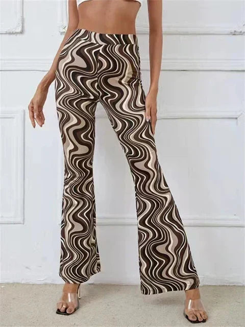 Dames Flared Broek met Hoge Taille en Golvend Print Bruin