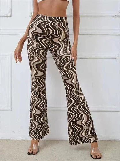 Dames Flared Broek met Hoge Taille en Golvend Print Bruin