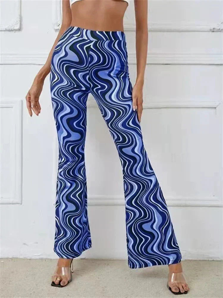 Dames Flared Broek met Hoge Taille en Golvend Print Blauw