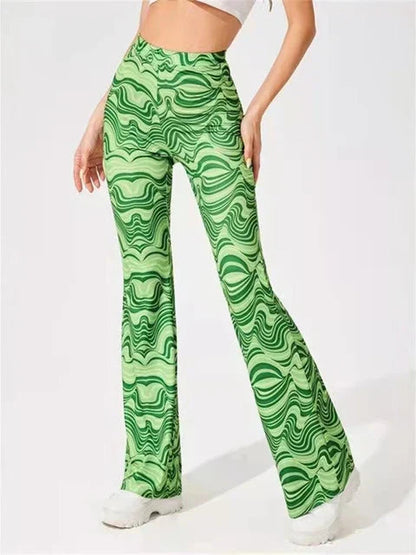 Dames Flared Broek met Hoge Taille en Golvend Print Groen