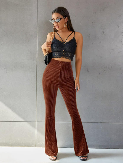 Dames Flared Broek met Ribstructuur en Elegante Pasvorm Bruin