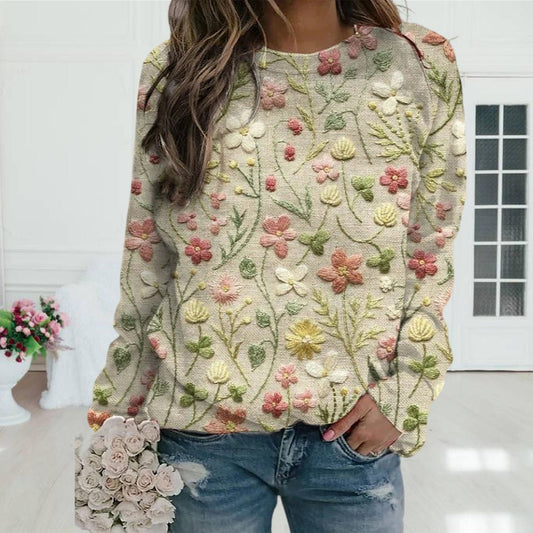 Dames Gebloemde Trui met Ronde Halslijn Beige