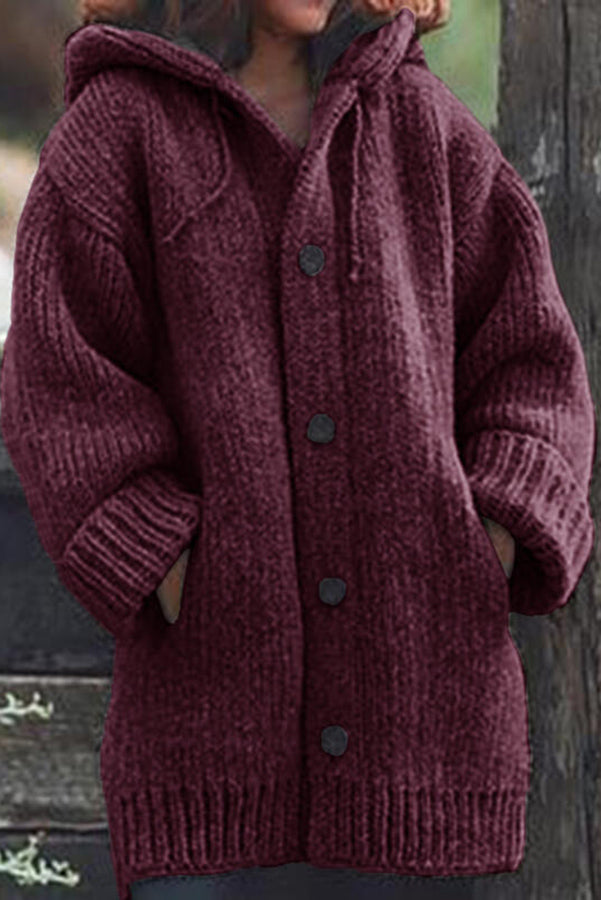 Dames Gebreid Cardigan Vest met Capuchon Oversized Bordeauxrood