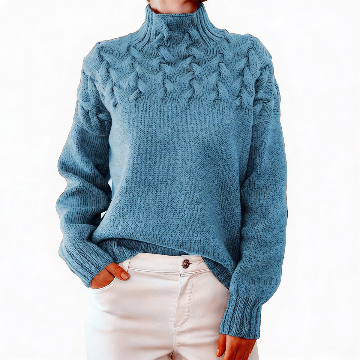 Dames Gebreide Trui met Col en Vlechtpatroon Oversized