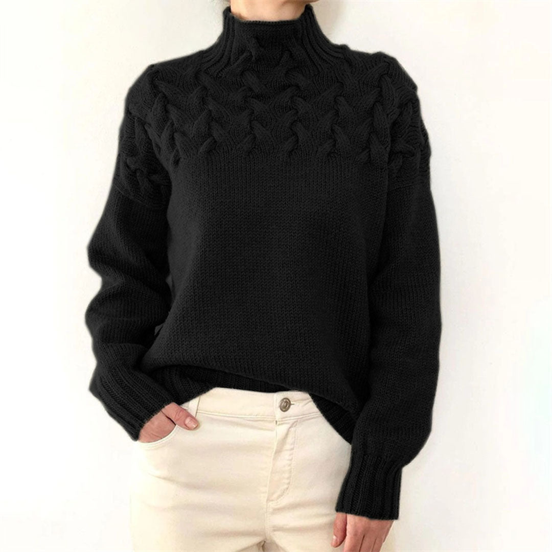 Dames Gebreide Trui met Col en Vlechtpatroon Oversized Zwart
