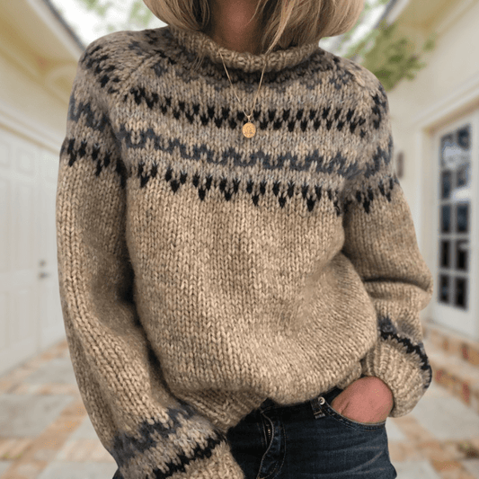 Dames Gebreide Trui met Ronde Hals en Scandinavisch Patroon Lichtbruin