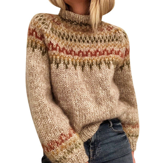 Dames Gebreide Trui met Ronde Hals en Scandinavisch Patroon Beige