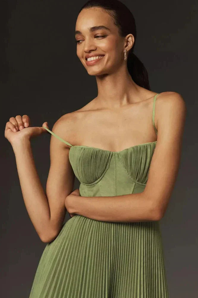 Dames Geplooide Maxi Jurk met Corset Detail Groen