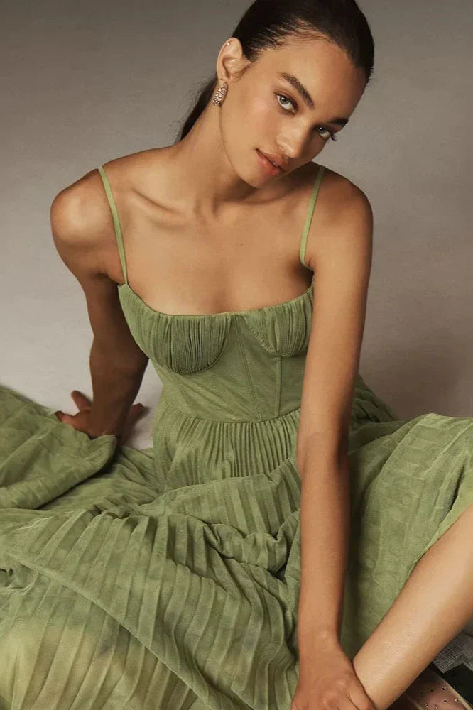 Dames Geplooide Maxi Jurk met Corset Detail Groen
