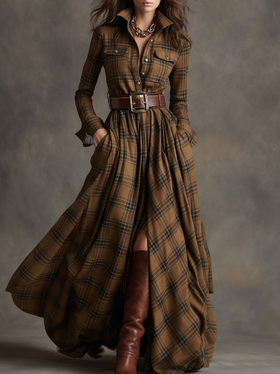 Dames Geruite Maxi Blousejurk met Borstzakken en Vloeiende Rok Bruin