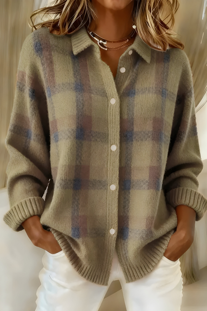 Dames Geruite Oversized Cardigan met Kraag en Knoopsluiting Bruin