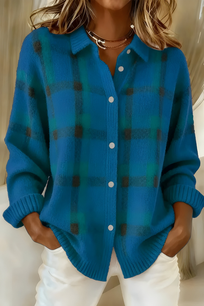 Dames Geruite Oversized Cardigan met Kraag en Knoopsluiting Blauw