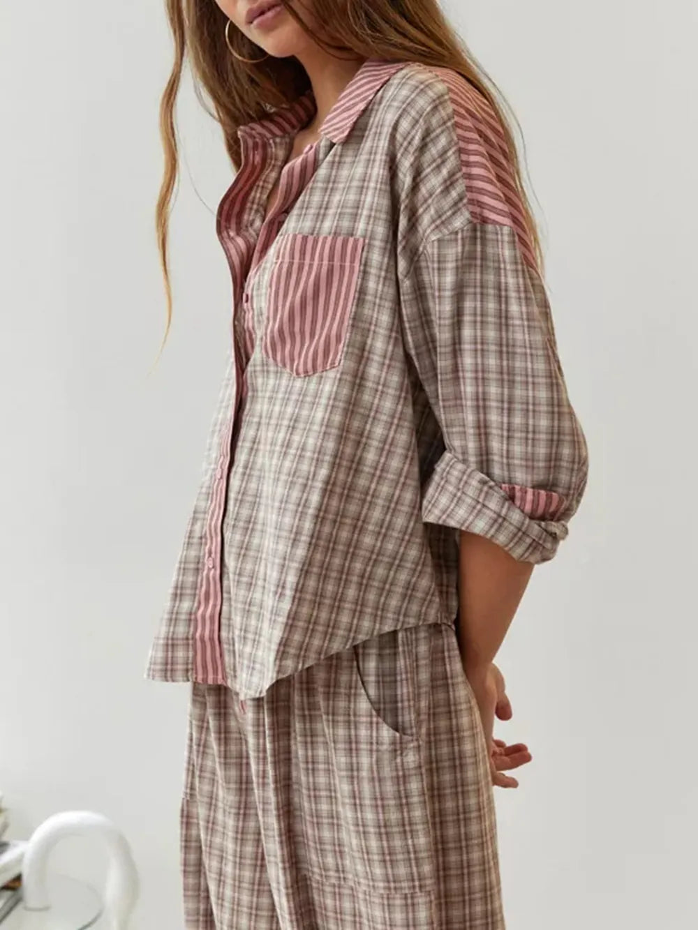 Dames Geruite pyjamaset - Comfortabele Tweedelige Nachtkleding Lichtbruin