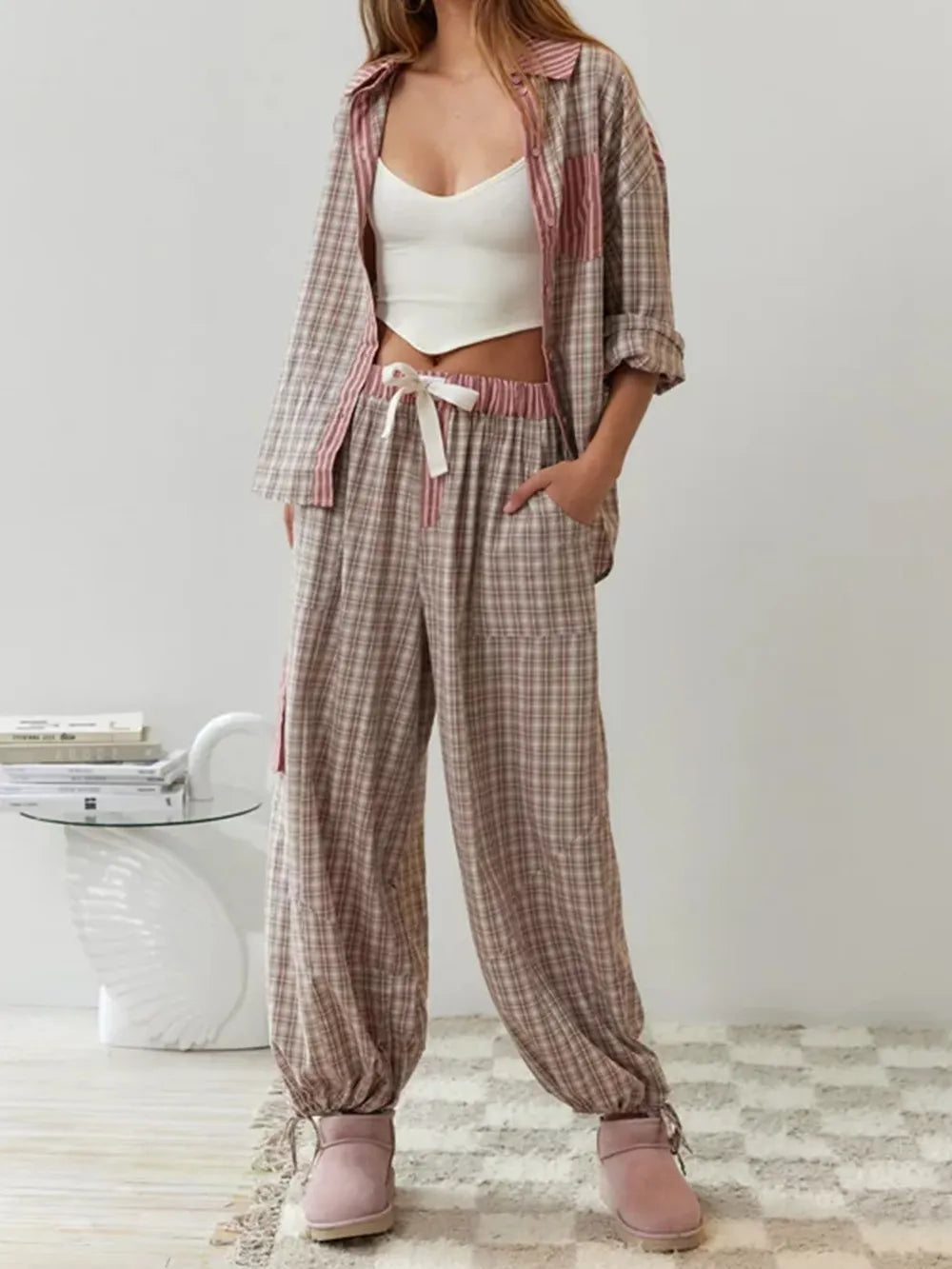 Dames Geruite pyjamaset - Comfortabele Tweedelige Nachtkleding