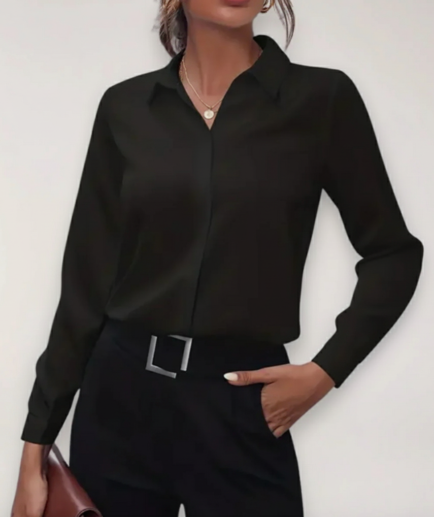 Dames Getailleerde Blouse met Verdekte Sluiting en Puntkraag Zwart