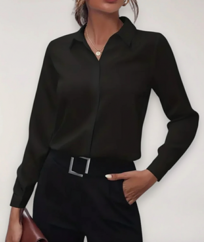 Dames Getailleerde Blouse met Verdekte Sluiting en Puntkraag Zwart