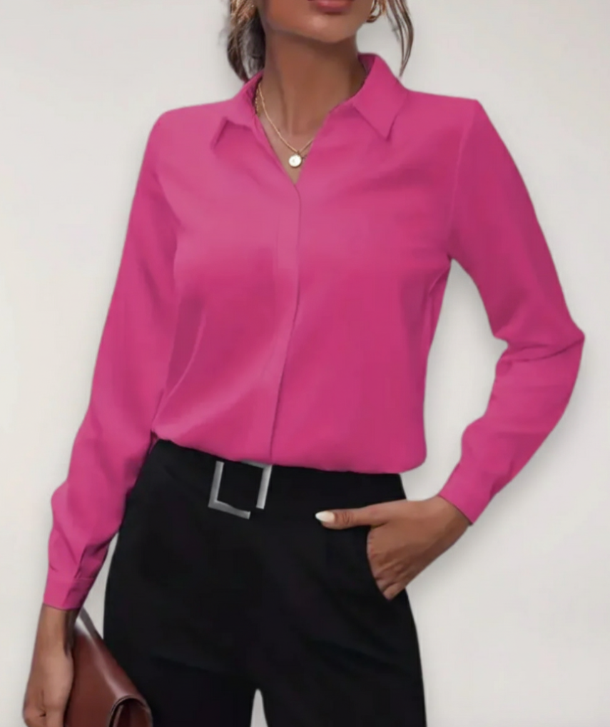 Dames Getailleerde Blouse met Verdekte Sluiting en Puntkraag Fel Roze