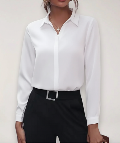 Dames Getailleerde Blouse met Verdekte Sluiting en Puntkraag Wit