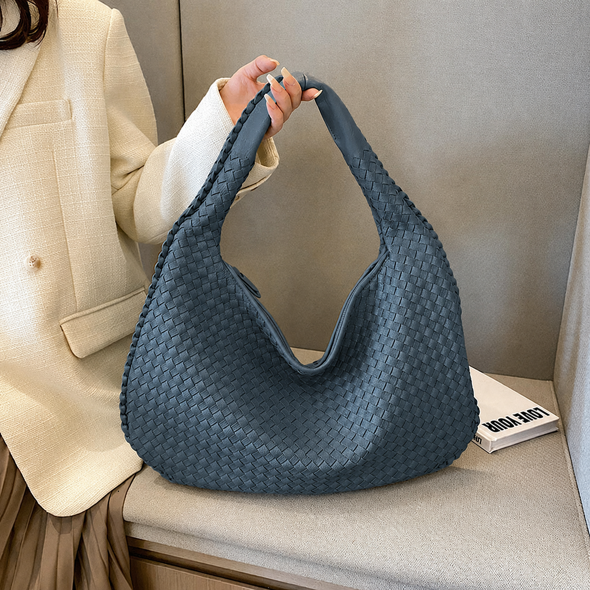 Dames Gevlochten Schoudertas Kunstleer Blauw