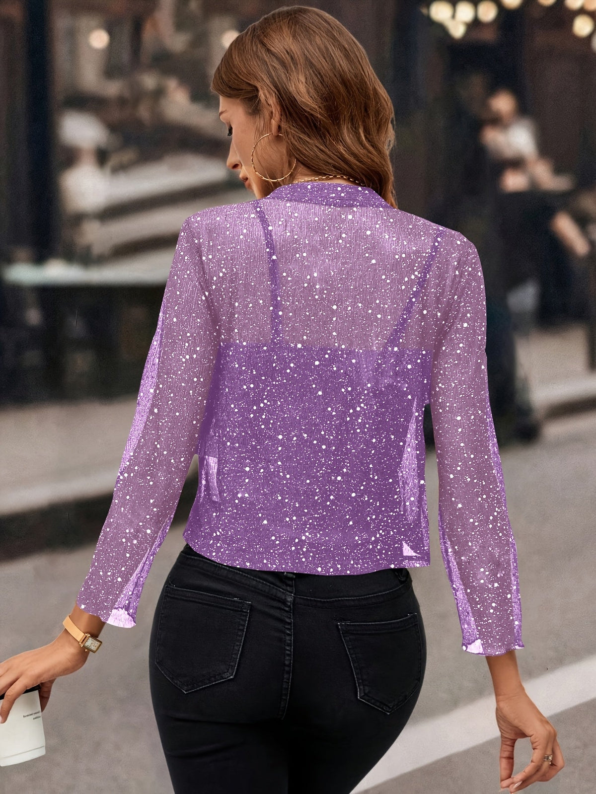 Dames Glitter Cropped Blazer met Lange Mouw en Open Voorkant