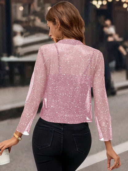 Dames Glitter Cropped Blazer met Lange Mouw en Open Voorkant
