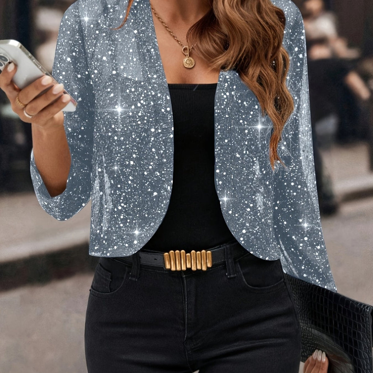 Dames Glitter Cropped Blazer met Lange Mouw en Open Voorkant
