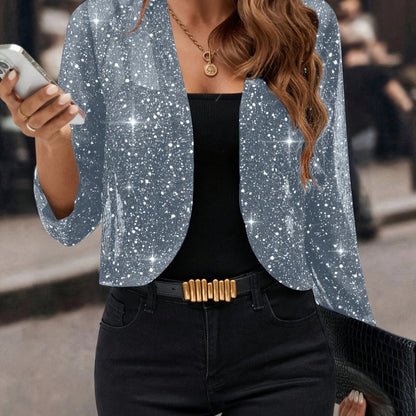 Dames Glitter Cropped Blazer met Lange Mouw en Open Voorkant