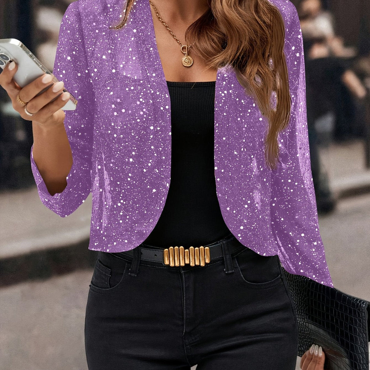 Dames Glitter Cropped Blazer met Lange Mouw en Open Voorkant
