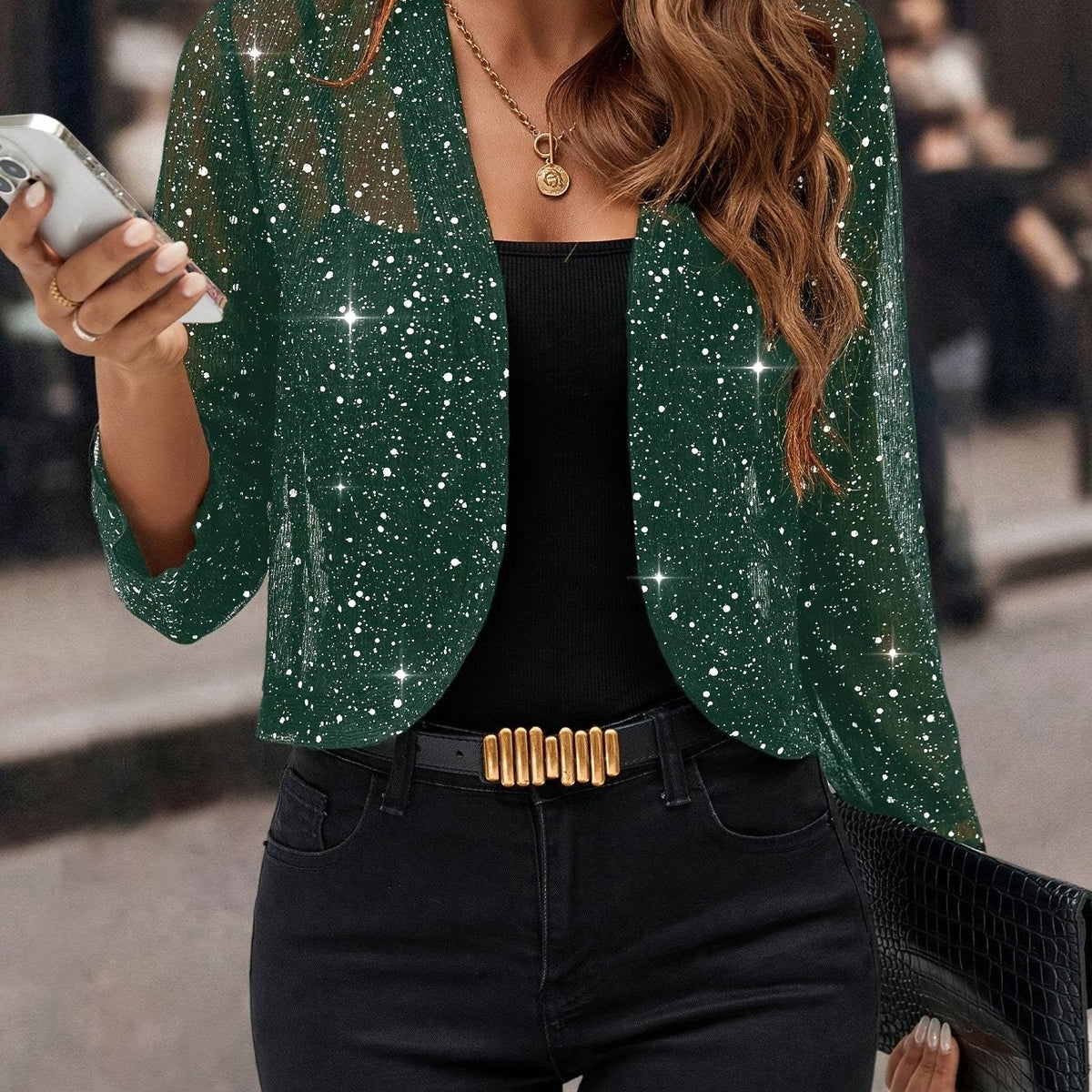 Dames Glitter Cropped Blazer met Lange Mouw en Open Voorkant