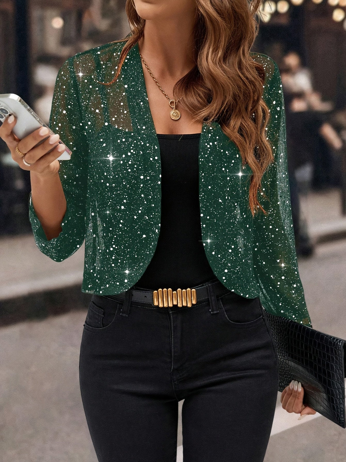 Dames Glitter Cropped Blazer met Lange Mouw en Open Voorkant