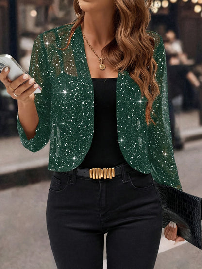 Dames Glitter Cropped Blazer met Lange Mouw en Open Voorkant