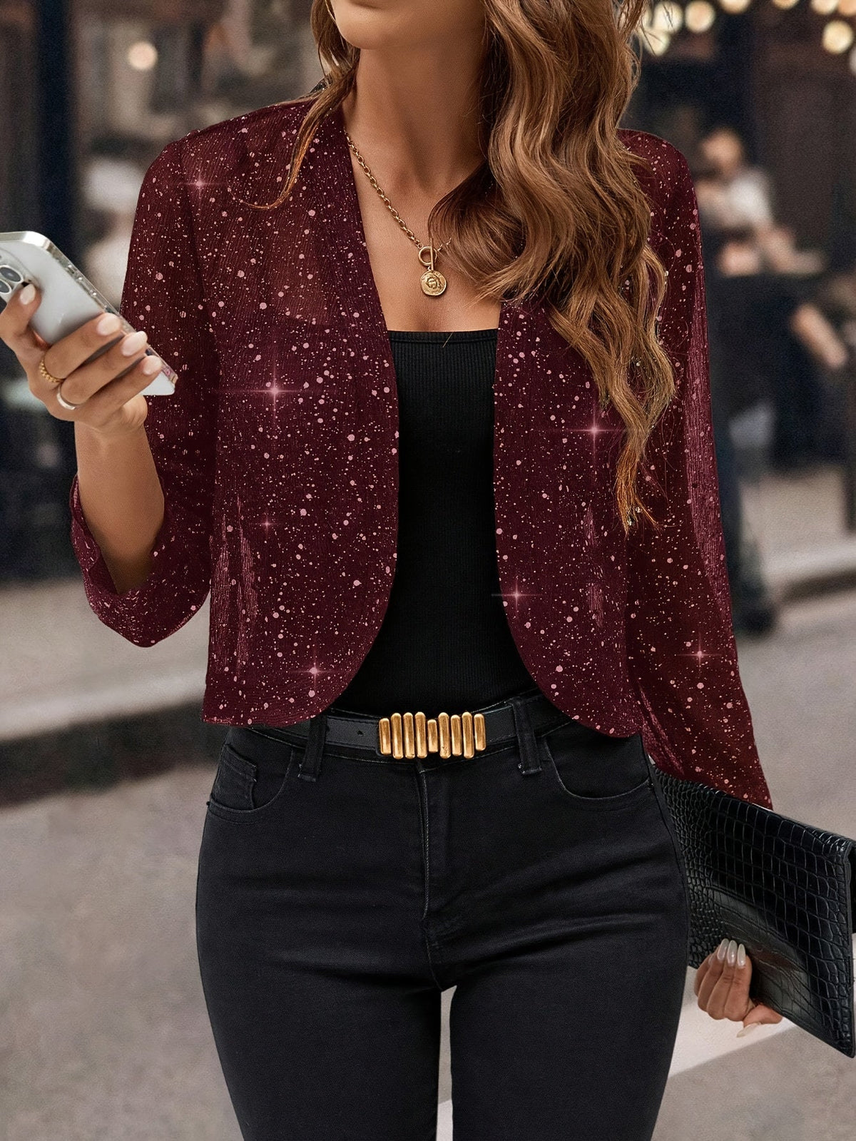 Dames Glitter Cropped Blazer met Lange Mouw en Open Voorkant