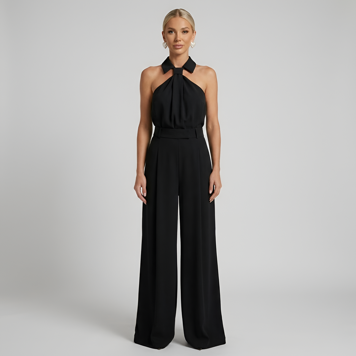 Dames Haltertop met Wijde Pijp Broek – 2-Delige Set Zwart