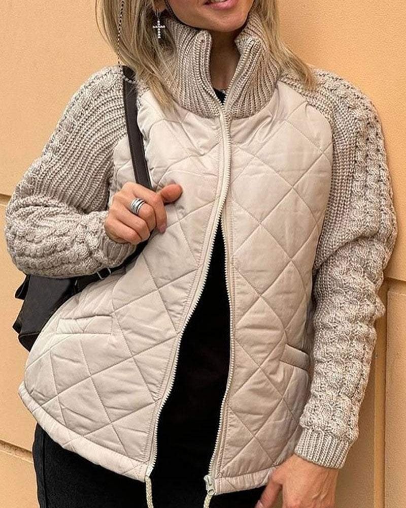Dames Jas met Gewatteerd Lichaam en Gebreide Mouwen voor Herfst en Winter Beige