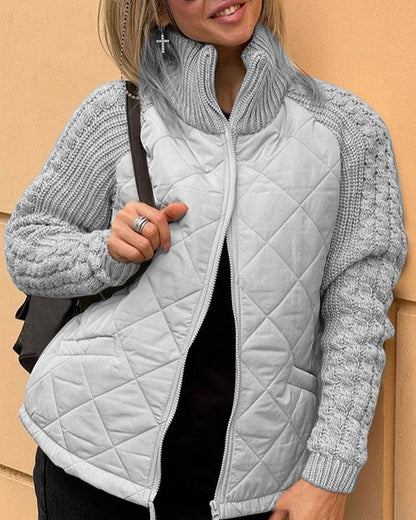 Dames Jas met Gewatteerd Lichaam en Gebreide Mouwen voor Herfst en Winter Grijs