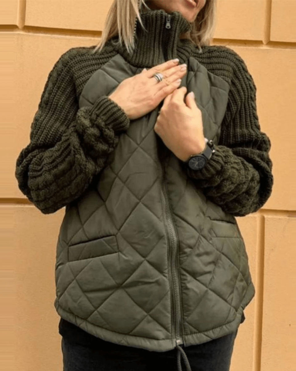 Dames Jas met Gewatteerd Lichaam en Gebreide Mouwen voor Herfst en Winter Olijfgroen