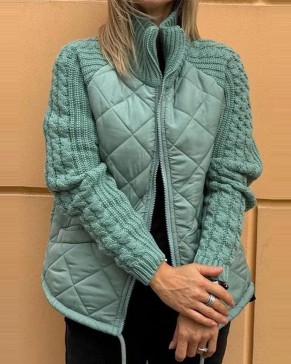 Dames Jas met Gewatteerd Lichaam en Gebreide Mouwen voor Herfst en Winter Lichtgroen