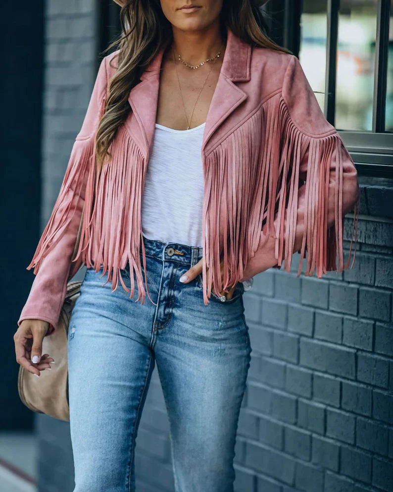 Dames Jasje Kort met Franjes Lange Mouw O-hals Roze