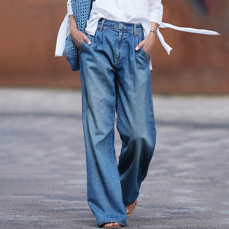 Dames Jeans met Wijde Pijpen en Relaxte Pasvorm Blauw