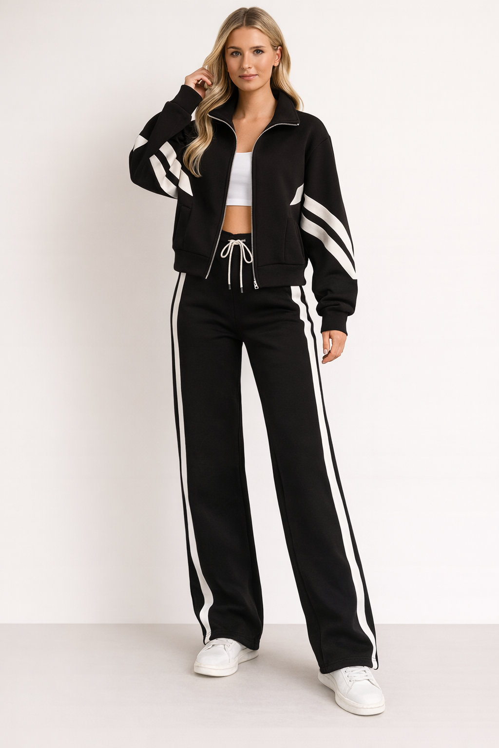 Dames Jogging Suit met Cropped Zip Jacket en Streepdetails