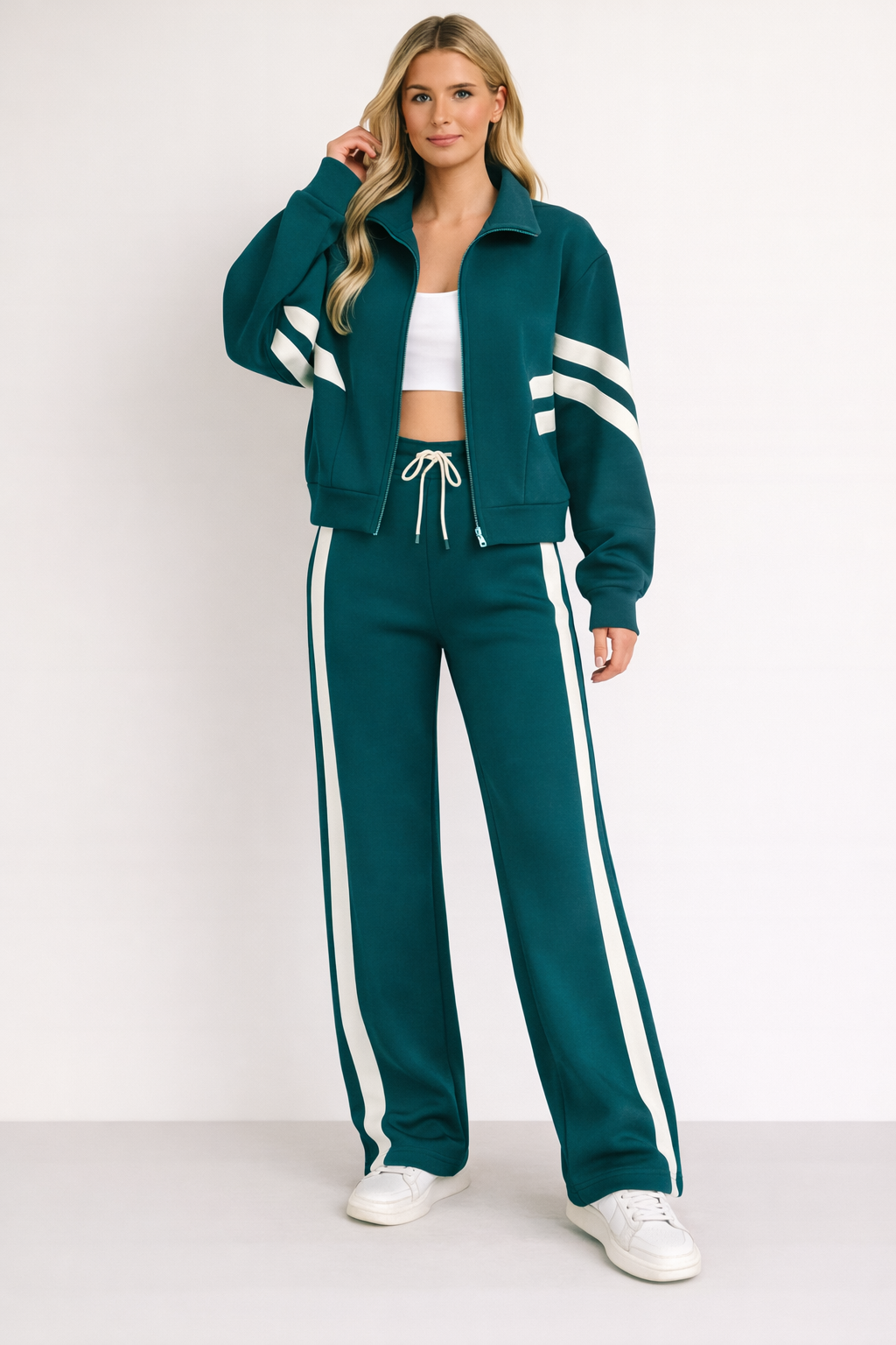 Dames Jogging Suit met Cropped Zip Jacket en Streepdetails